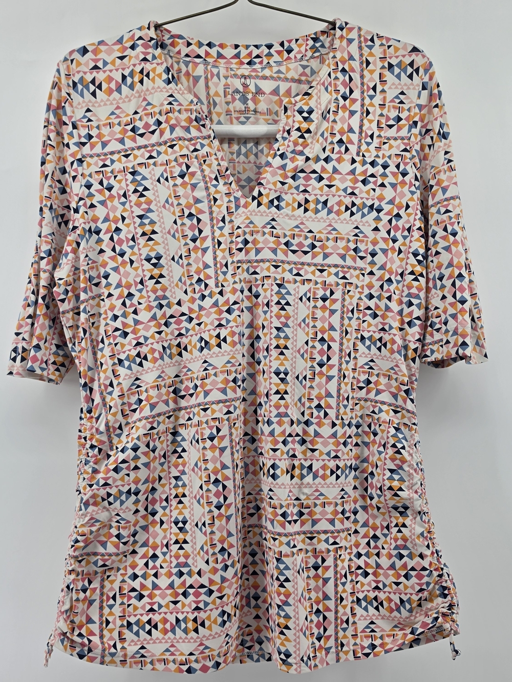 Lands' End Geo‎ Print Notch Neck Top Medium 10-12 Side Ruched Drawstring